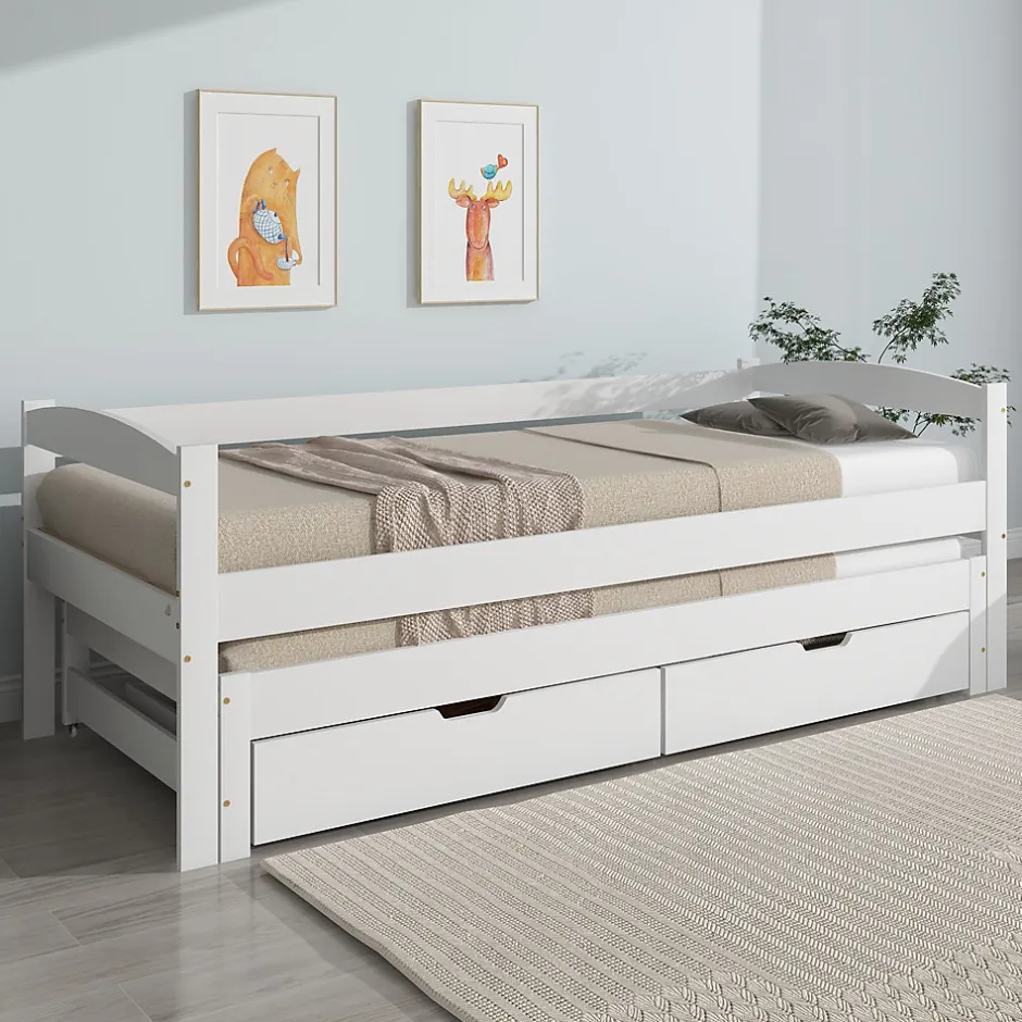 Okwish Lit Gigogne Simple 200x90 cm et 190x90 cm - avec Tiroirs de Rangement, Bois de Pin et MDF, Blanc, Sans Matelas