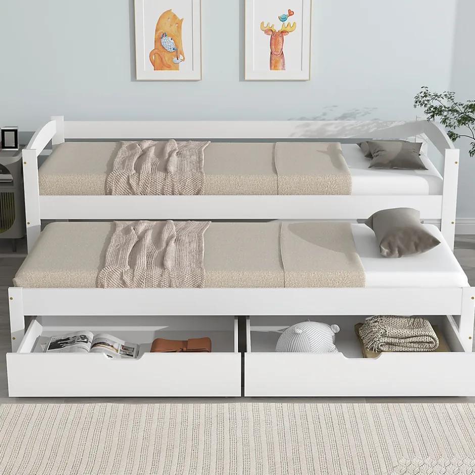 Okwish Lit Gigogne Simple 200x90 cm et 190x90 cm - avec Tiroirs de Rangement, Bois de Pin et MDF, Blanc, Sans Matelas