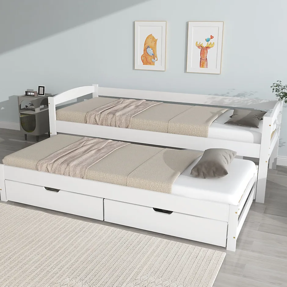 Okwish Lit Gigogne Simple 200x90 cm et 190x90 cm - avec Tiroirs de Rangement, Bois de Pin et MDF, Blanc, Sans Matelas