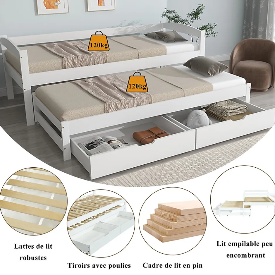 Okwish Lit Gigogne Simple 200x90 cm et 190x90 cm - avec Tiroirs de Rangement, Bois de Pin et MDF, Blanc, Sans Matelas