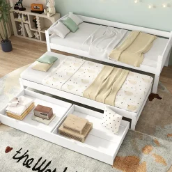 Okwish Lit Gigogne Simple 200x90 cm et 190x90 cm - avec Tiroirs de Rangement, Bois de Pin et MDF, Blanc, Sans Matelas