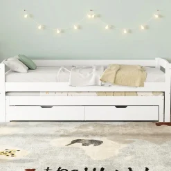 Okwish Lit Gigogne Simple 200x90 cm et 190x90 cm - avec Tiroirs de Rangement, Bois de Pin et MDF, Blanc, Sans Matelas