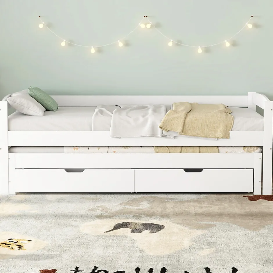 Okwish Lit Gigogne Simple 200x90 cm et 190x90 cm - avec Tiroirs de Rangement, Bois de Pin et MDF, Blanc, Sans Matelas
