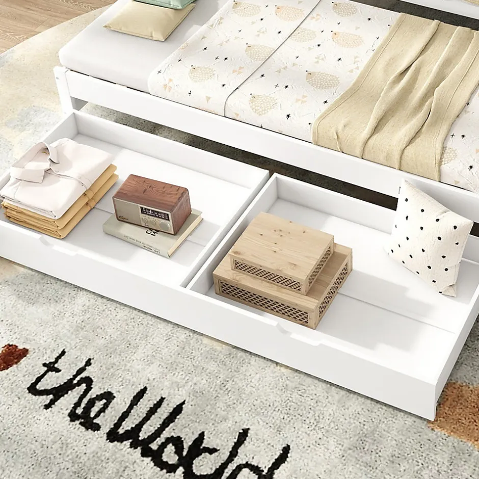Okwish Lit Gigogne Simple 200x90 cm et 190x90 cm - avec Tiroirs de Rangement, Bois de Pin et MDF, Blanc, Sans Matelas
