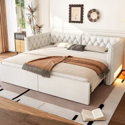 Okwish Lit Gigogne 90x200 à 180x200 cm - Lit avec Rangement Intégré et Éclairage LED - Beige