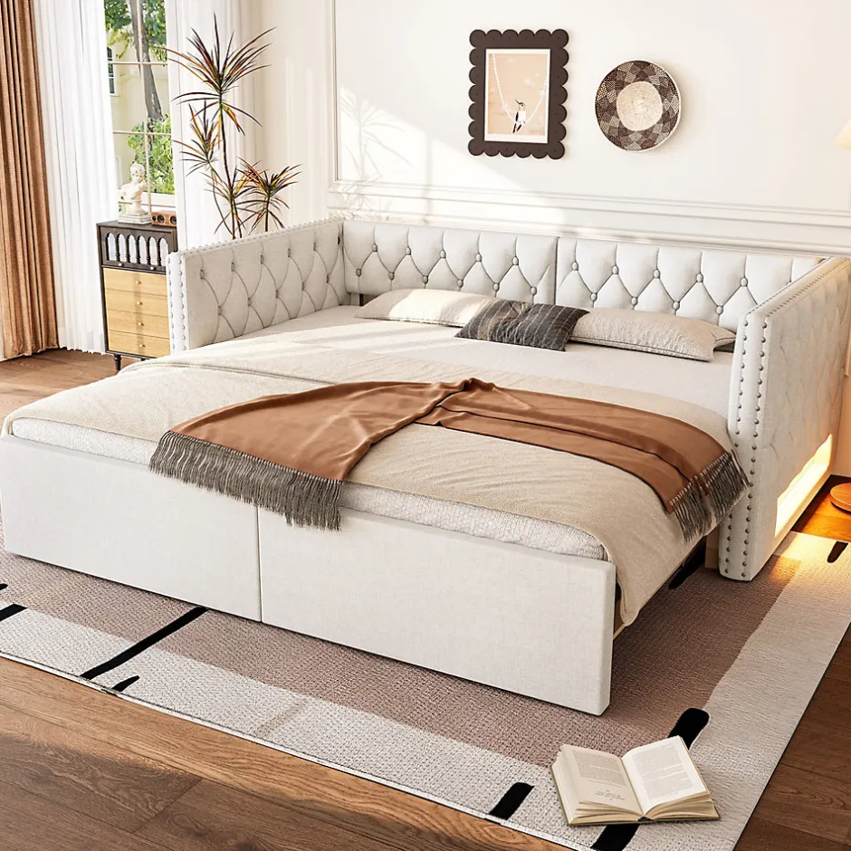 Okwish Lit Gigogne 90x200 à 180x200 cm - Lit avec Rangement Intégré et Éclairage LED - Beige