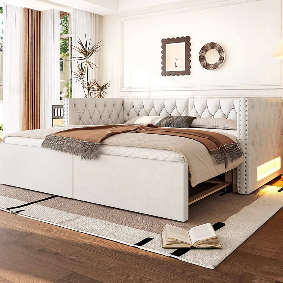 Okwish Lit Gigogne 90x200 à 180x200 cm - Lit avec Rangement Intégré et Éclairage LED - Beige
