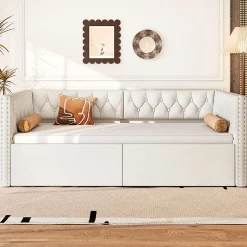 Okwish Lit Gigogne 90x200 à 180x200 cm - Lit avec Rangement Intégré et Éclairage LED - Beige