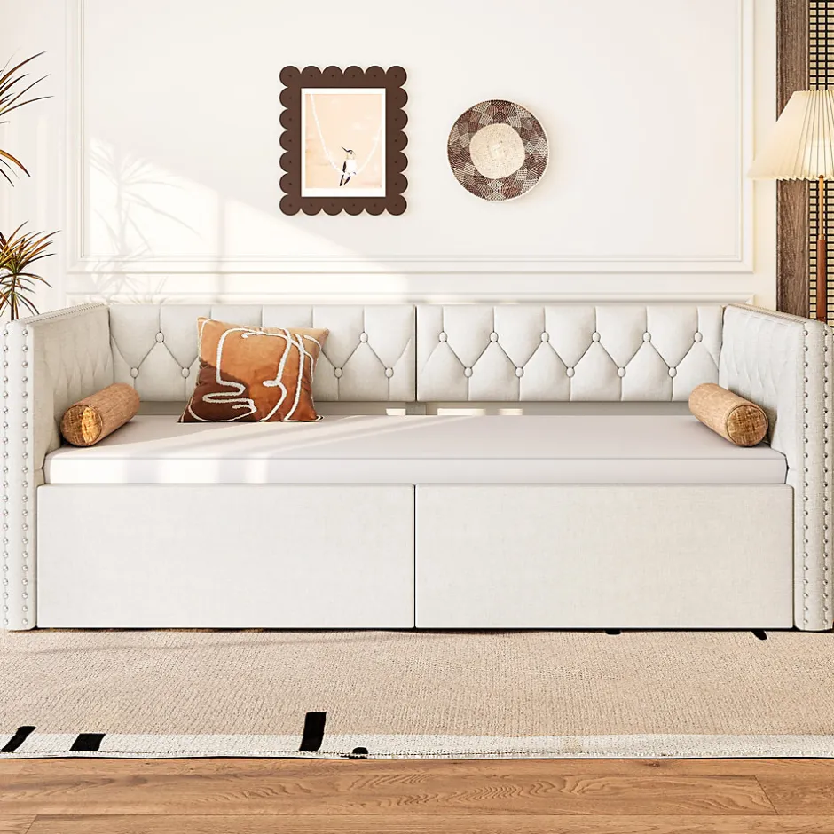 Okwish Lit Gigogne 90x200 à 180x200 cm - Lit avec Rangement Intégré et Éclairage LED - Beige