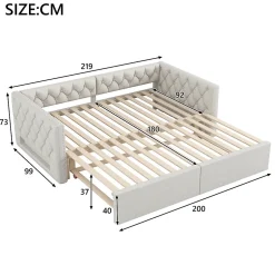 Okwish Lit Gigogne 90x200 à 180x200 cm - Lit avec Rangement Intégré et Éclairage LED - Beige