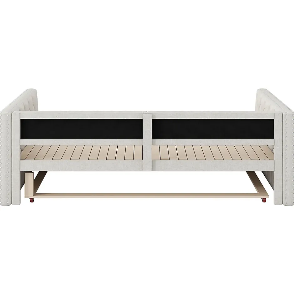 Okwish Lit Gigogne 90x200 à 180x200 cm - Lit avec Rangement Intégré et Éclairage LED - Beige