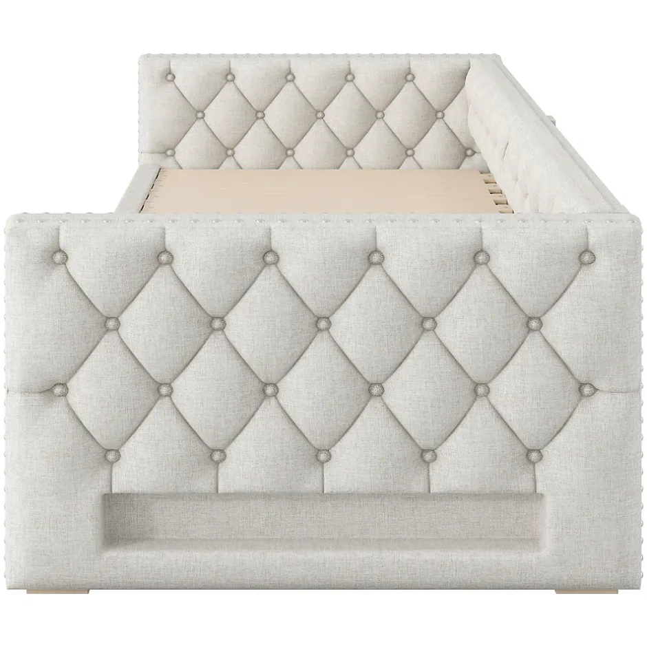 Okwish Lit Gigogne 90x200 à 180x200 cm - Lit avec Rangement Intégré et Éclairage LED - Beige