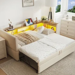 Okwish Lit Gigogne 90/180x190 cm - avec LED et Prise USB, Rangement sous Le Lit, Multifonction en Flanelle et Métal, Beige, Sans Matelas Discount