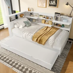 Okwish Lit Gigogne 90x200 cm - avec Lit Tiroir 90x190 cm et Rangement, Lit Multifonction Bois Kiefernholz + MDF + Plywood - Blanc