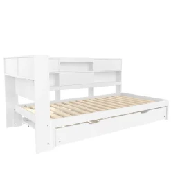 Okwish Lit Gigogne 90x200 cm - avec Lit Tiroir 90x190 cm et Rangement, Lit Multifonction Bois Kiefernholz + MDF + Plywood - Blanc