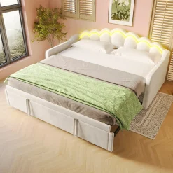 Okwish Lit Gigogne 90/180x200 cm - avec lit tiroir et bande LED multicolore - sans matelas - revêtement en velours doux - Beige
