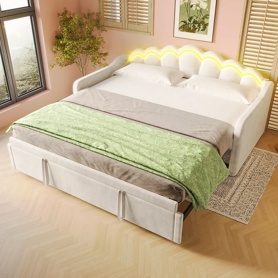 Okwish Lit Gigogne 90/180x200 cm - avec lit tiroir et bande LED multicolore - sans matelas - revêtement en velours doux - Beige