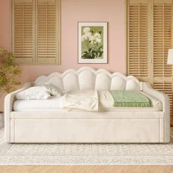 Okwish Lit Gigogne 90/180x200 cm - avec lit tiroir et bande LED multicolore - sans matelas - revêtement en velours doux - Beige