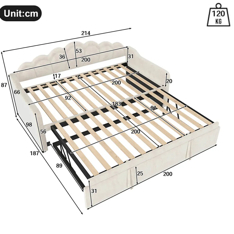 Okwish Lit Gigogne 90/180x200 cm - avec lit tiroir et bande LED multicolore - sans matelas - revêtement en velours doux - Beige