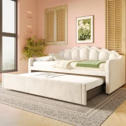 Okwish Lit Gigogne 90/180x200 cm - avec lit tiroir et bande LED multicolore - sans matelas - revêtement en velours doux - Beige