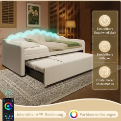 Okwish Lit Gigogne 90/180x200 cm - avec lit tiroir et bande LED multicolore - sans matelas - revêtement en velours doux - Beige