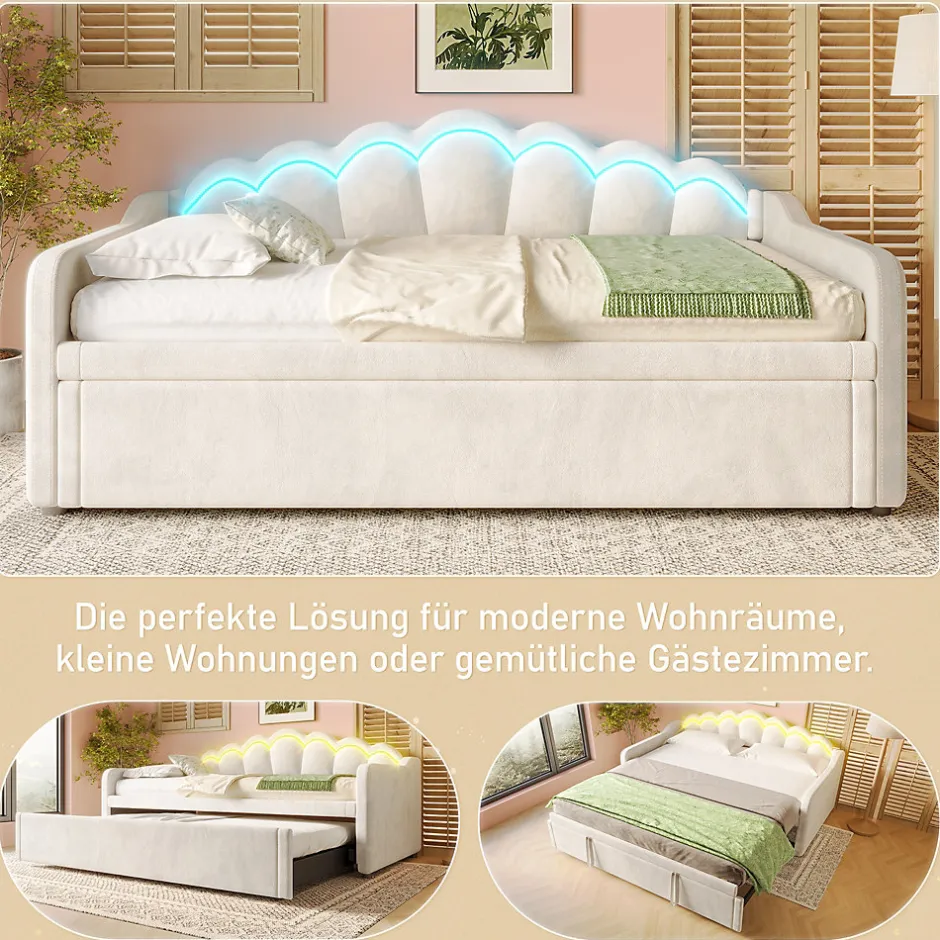 Okwish Lit Gigogne 90/180x200 cm - avec lit tiroir et bande LED multicolore - sans matelas - revêtement en velours doux - Beige