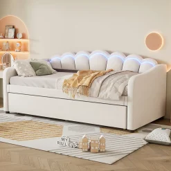Okwish Lit Gigogne 90x200 cm - avec lit tiroir 90x190 cm et éclairage LED ambiant - sans matelas - revêtement en velours élégant - Beige