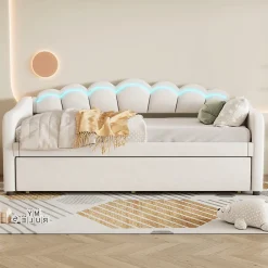 Okwish Lit Gigogne 90x200 cm - avec lit tiroir 90x190 cm et éclairage LED ambiant - sans matelas - revêtement en velours élégant - Beige