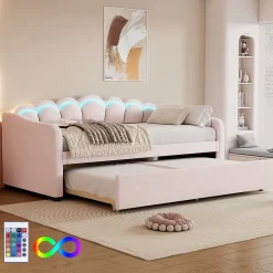 Generique Lit Gigogne 90x200 cm - avec lit tiroir 90x190 cm et éclairage LED ambiant - sans matelas - revêtement en velours doux - Rose Clearance