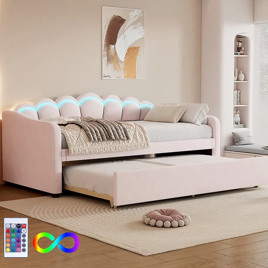 Generique Lit Gigogne 90x200 cm - avec lit tiroir 90x190 cm et éclairage LED ambiant - sans matelas - revêtement en velours doux - Rose Clearance