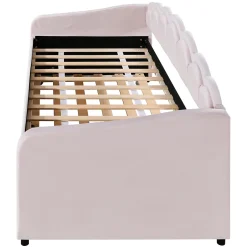 Generique Lit Gigogne 90x200 cm - avec lit tiroir 90x190 cm et éclairage LED ambiant - sans matelas - revêtement en velours doux - Rose Clearance