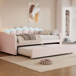 Generique Lit Gigogne 90x200 cm - avec lit tiroir 90x190 cm et éclairage LED ambiant - sans matelas - revêtement en velours doux - Rose Clearance