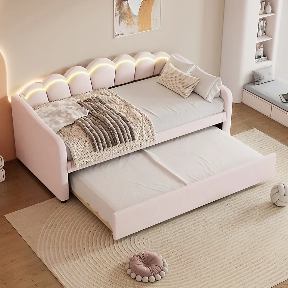 Generique Lit Gigogne 90x200 cm - avec lit tiroir 90x190 cm et éclairage LED ambiant - sans matelas - revêtement en velours doux - Rose Clearance