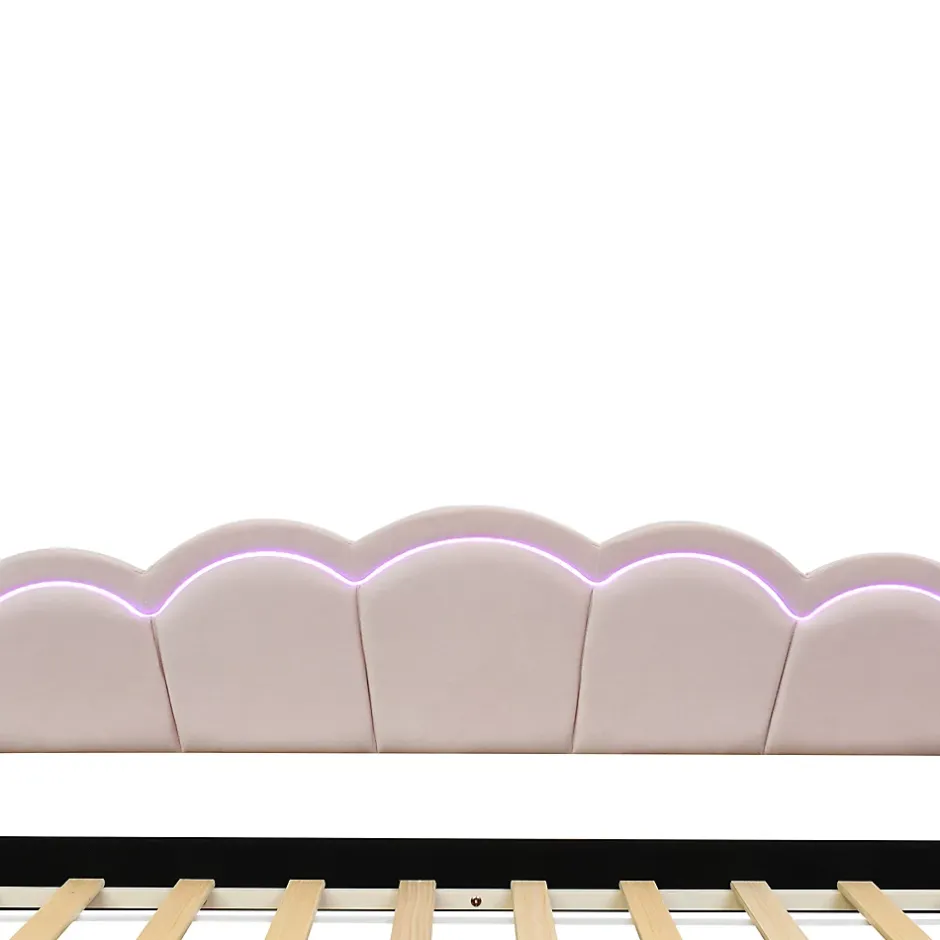 Generique Lit Gigogne 90x200 cm - avec lit tiroir 90x190 cm et éclairage LED ambiant - sans matelas - revêtement en velours doux - Rose Clearance