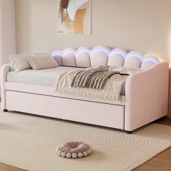 Generique Lit Gigogne 90x200 cm - avec lit tiroir 90x190 cm et éclairage LED ambiant - sans matelas - revêtement en velours doux - Rose Clearance