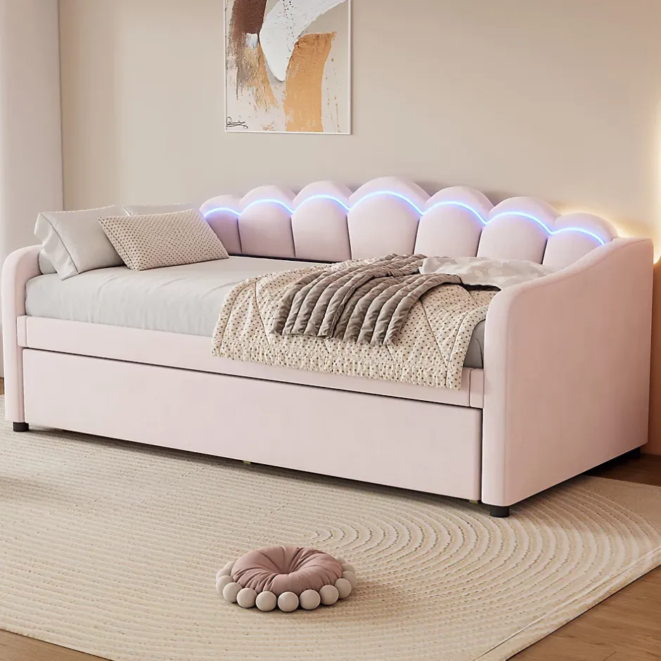 Generique Lit Gigogne 90x200 cm - avec lit tiroir 90x190 cm et éclairage LED ambiant - sans matelas - revêtement en velours doux - Rose Clearance