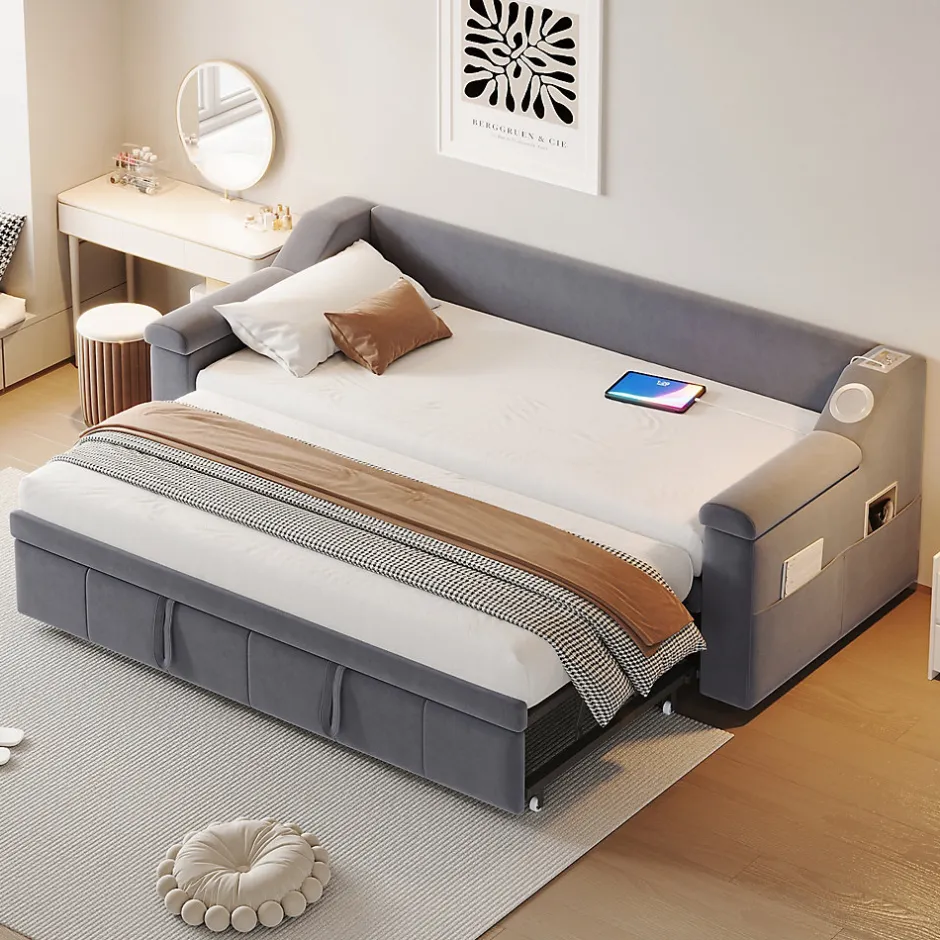 Okwish Lit Gigogne 90x190 cm - avec Rangement sous Le Lit et Haut-Parleur Bluetooth, Port USB, Velours Gris, Sans Matelas