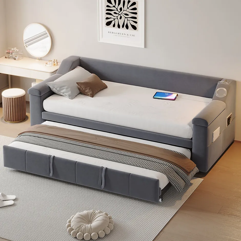 Okwish Lit Gigogne 90x190 cm - avec Rangement sous Le Lit et Haut-Parleur Bluetooth, Port USB, Velours Gris, Sans Matelas