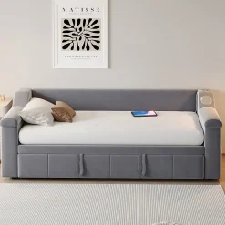 Okwish Lit Gigogne 90x190 cm - avec Rangement sous Le Lit et Haut-Parleur Bluetooth, Port USB, Velours Gris, Sans Matelas