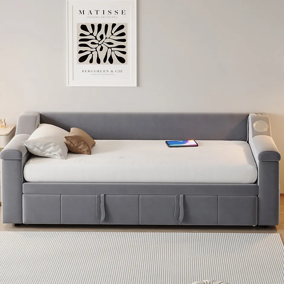 Okwish Lit Gigogne 90x190 cm - avec Rangement sous Le Lit et Haut-Parleur Bluetooth, Port USB, Velours Gris, Sans Matelas