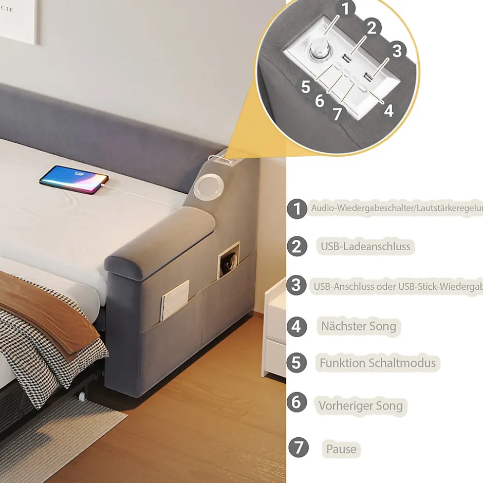 Okwish Lit Gigogne 90x190 cm - avec Rangement sous Le Lit et Haut-Parleur Bluetooth, Port USB, Velours Gris, Sans Matelas