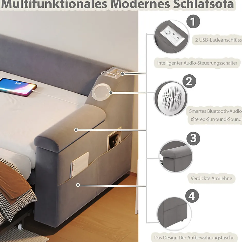 Okwish Lit Gigogne 90x190 cm - avec Rangement sous Le Lit et Haut-Parleur Bluetooth, Port USB, Velours Gris, Sans Matelas