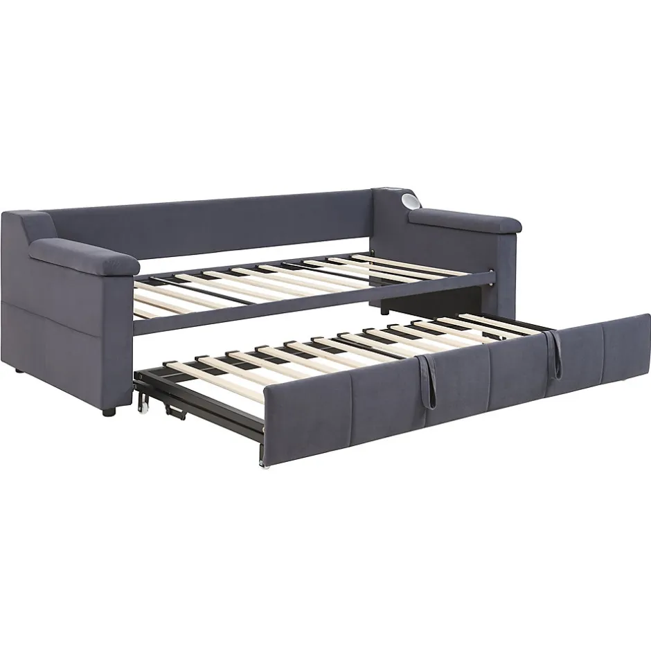 Okwish Lit Gigogne 90x190 cm - avec Rangement sous Le Lit et Haut-Parleur Bluetooth, Port USB, Velours Gris, Sans Matelas