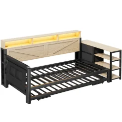 Okwish Lit Gigogne 90x200 cm - Canapé-Lit avec LED, 3 Tiroirs et Rangement Intégré - Métal - Noir Discount