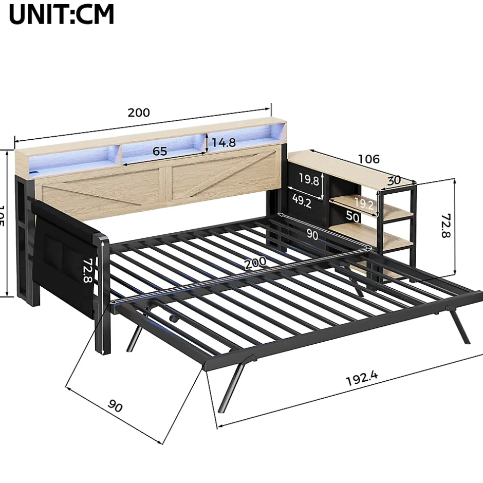 Okwish Lit Gigogne 90x200 cm - Canapé-Lit avec LED, 3 Tiroirs et Rangement Intégré - Métal - Noir Discount