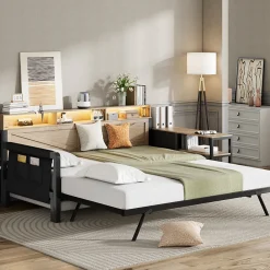 Okwish Lit Gigogne 90x200 cm - Canapé-Lit avec LED, 3 Tiroirs et Rangement Intégré - Métal - Noir Discount