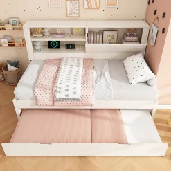 Okwish Lit Gigogne 90x190 cm - Canapé-Lit avec Tête de Lit Rangement, Compartiment Ouvert et USB/USB-C - MDF - Blanc