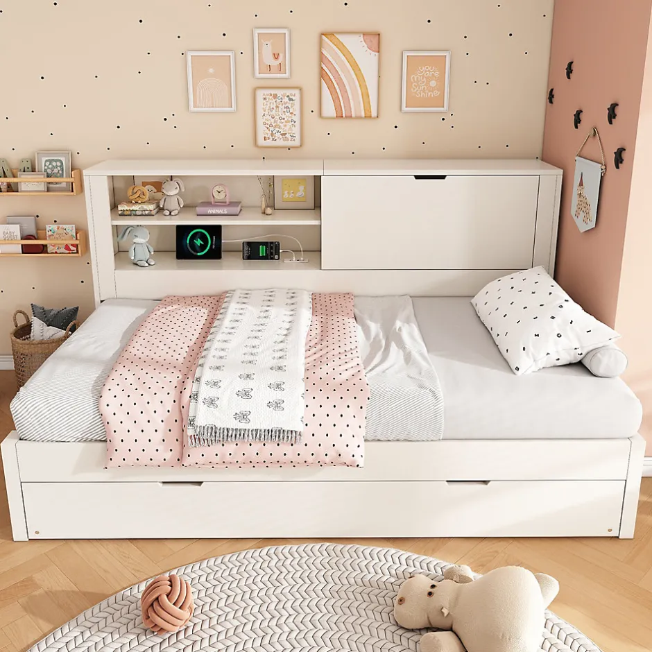 Okwish Lit Gigogne 90x190 cm - Canapé-Lit avec Tête de Lit Rangement, Compartiment Ouvert et USB/USB-C - MDF - Blanc