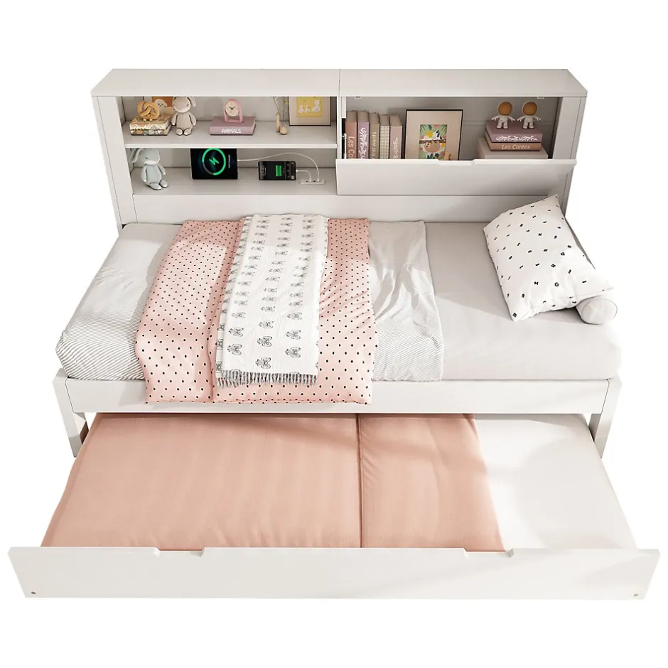 Okwish Lit Gigogne 90x190 cm - Canapé-Lit avec Tête de Lit Rangement, Compartiment Ouvert et USB/USB-C - MDF - Blanc