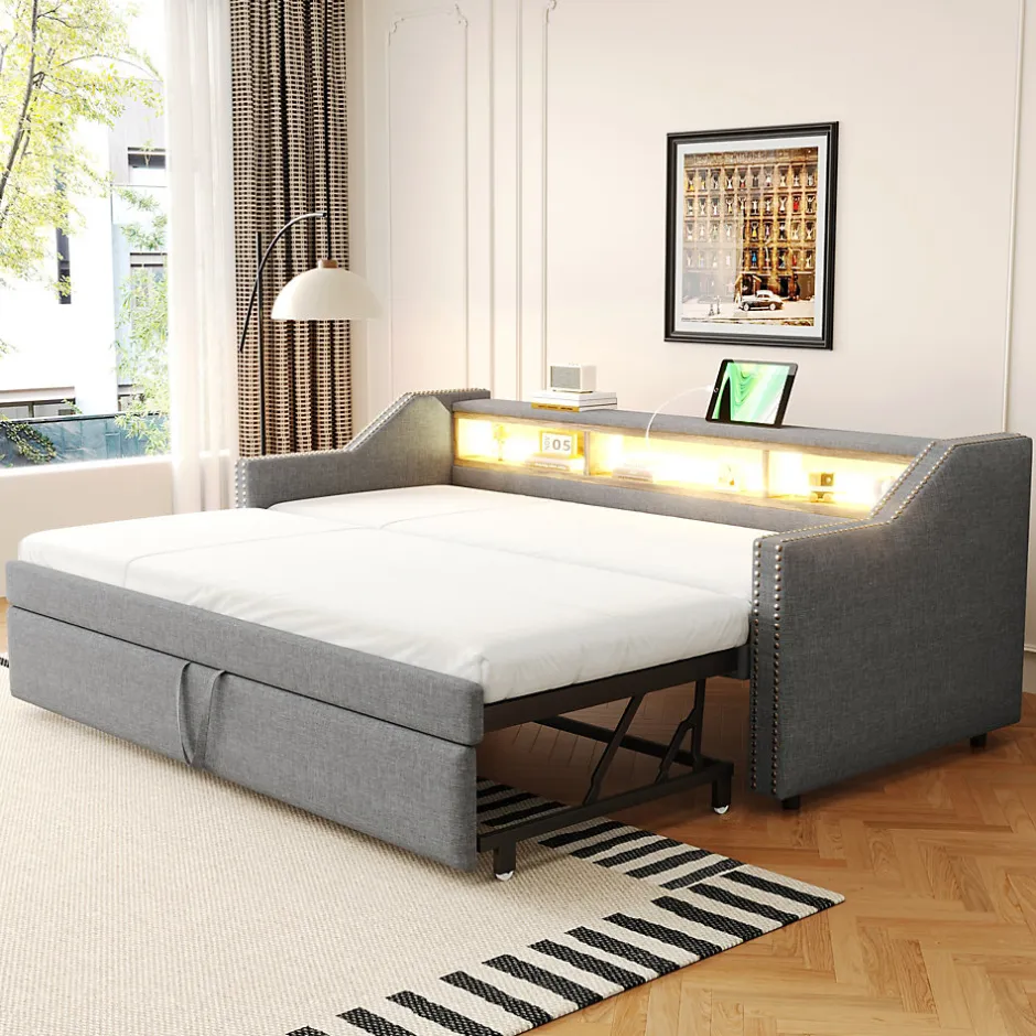 Okwish Lit Gigogne 90/180x190 cm - capitonné avec LED Intégrée et Rangement Sous Le Lit, Port USB, Tissu Gris Clair, Sans Matelas